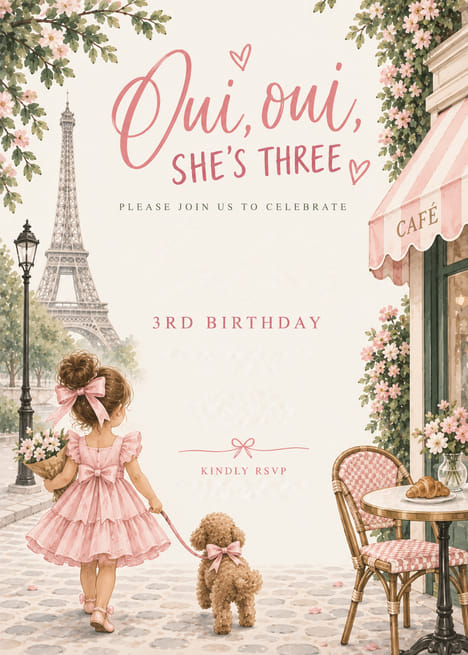 Oui Oui She's Three Paris Birthday Invitation