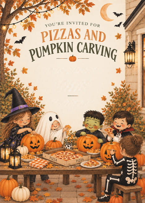 Pizzas and Pumpkin Carving Halloween Party Invitation