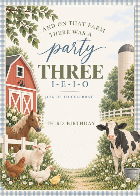 Three-I-E-I-O Farm Birthday Invitation