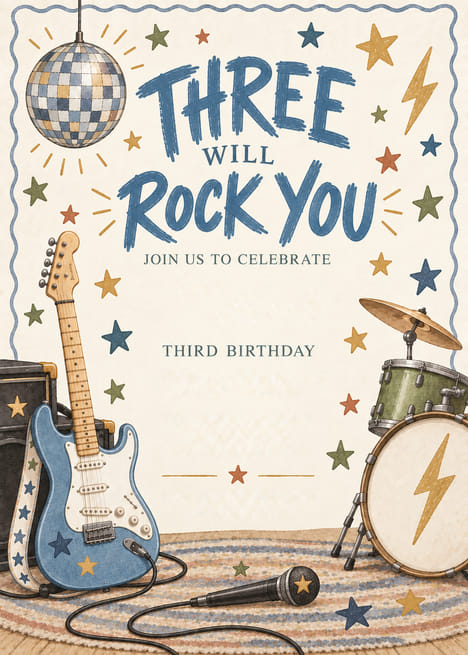 Three Will Rock You Rock Band Birthday Invitation