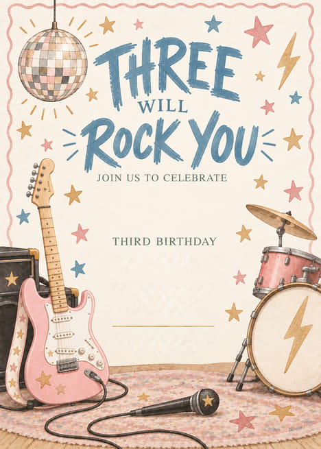 Three Will Rock You Pink Rock Band Birthday Invitation